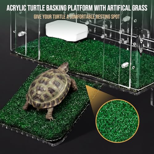 Gerrii Adjustable Turtle Basking Platform with Non-Slip Artificial Grass Ramp, 11.2 x 6.3 x 5.5 in Clear Acrylic Aquatic Turtle Topper Tank, Hanging Reptile Resting Dock with Feed Bowl for Aquarium