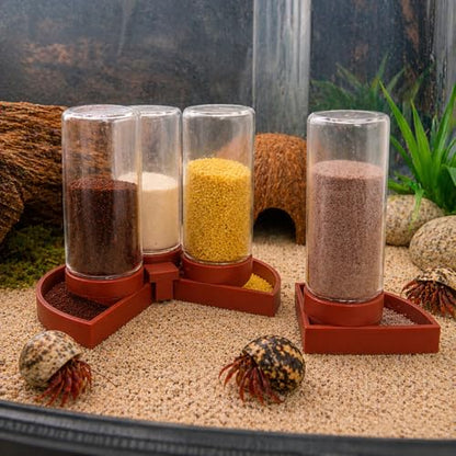 Hermit Crab Feeder with 4 Glass Bottles and Feeding Trays | 4 removable bottles with trays keep crabitat feeding organized. Easy to refill and suitable for hermit crabs and reptiles. - color: Brown