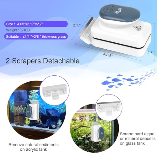 AQQA Aquarium Strong Magnetic Cleaner Brush, Fish Tank Glass Algae Magnet Cleaning Tool Floating Cleaner Scrubber Brush with 2 Detachable Scraper (Blue,S) - color: Blue, size: Small