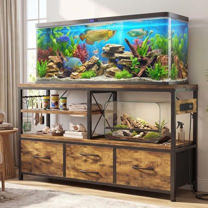 Heybly 55-75 Gal Fish Tank Stand with Drawer, Power Outlet, Rustic HAS005SR | Aquarium Stand, Heavy Duty, for Fish Tank, Turtle & Reptile Terrarium, 48" L × 18.1" Top, 660lbs (Top)+400lbs(Mid) - color: Rustic Brown, size: 55-75 gal