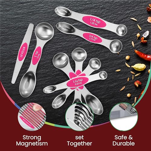 Magnetic Measuring Spoons Set of 9 Stainless Steel Dual-Sided Stackable Measuring Spoon Nesting Teaspoons Measuring Dry and Liquid Ingredients, Fits in Spice Jars Set of 9 (Pink) - color: Pink