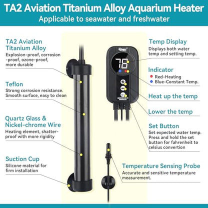 hygger Marine Aquarium Heater 50W 100W 200W 300W 500W,Titanium Heater with Temperature Calibration,Digital LED Controller,Temperature Probe,Submersible Fish Tank Heater for Saltwater Freshwater Tank - size: 50W for 10-15 Gallon