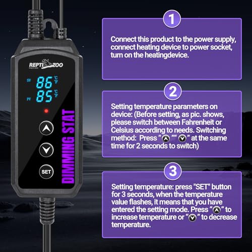 REPTI ZOO Reptile Dimming Thermostat, PID Temperature Controller with LED Digital Screen, Reptile Thermostat for Reptile Heat lamp Blub & Mat Heaters, Memory Function