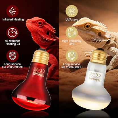 KINUR 2 Pack 75W Reptile Heat Lamp Bulbs, Reptile Day and Night Basking Spot Bulb Combo Amphibian Infrared Heat Lamp Bulb/UVA Basking Spot Daylight Heating Light Bulb - color: White 1pcs+red 1 Pack