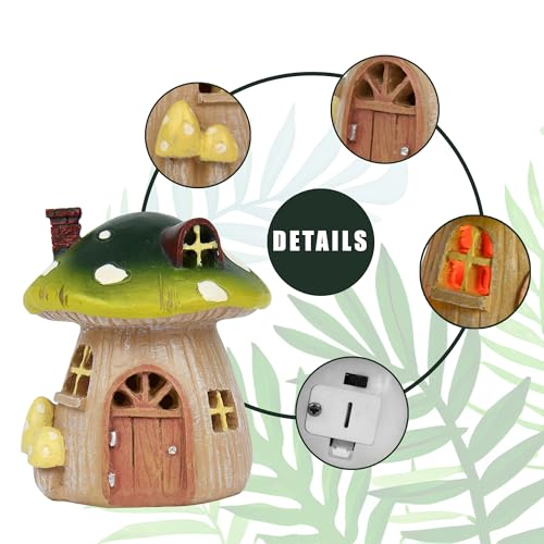 Miniature Fairy Garden Mushroom House – Resin Fairy House Statue with LED Light, Cute Mushroom Decor for Patio, Tiny Home Terrarium or Outdoor Yard Decor - Miniature Figurines and Garden Accessories