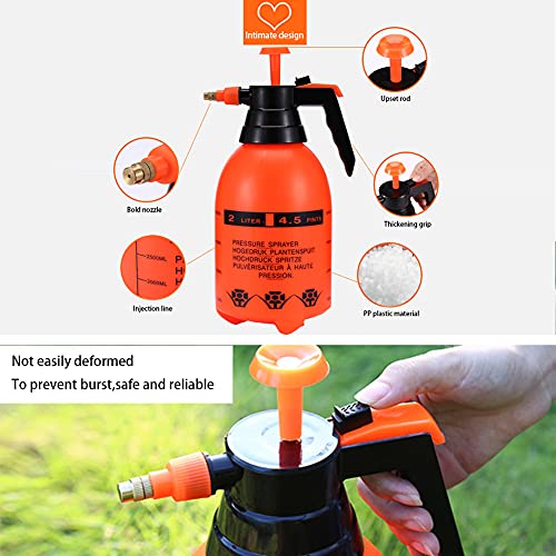 2Pcs Garden Pump Sprayer 68 oz/0.5 Gallon Hand Held Pressure Bottle Brass Adjustable Nozzle Large Capacity for Water Weed Flower Plant Mister Lawn Home Cleaning Washing Spray 2L-Orange - color: Orange-2 set
