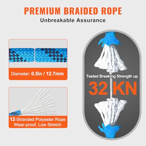 VEVOR 12.7mm Static Climbing Rope, 45.7M(150ft) Outdoor Rock Climbing Rope 30KN Breaking Tension, Fiber Rope for Escape, Rappelling, Fire Rescue, Blue - size: 150ft