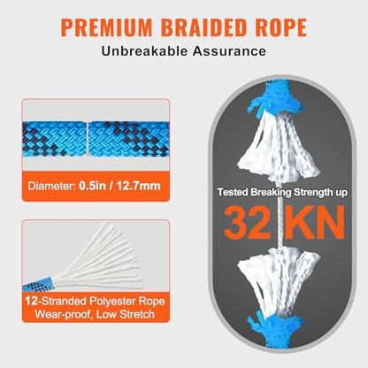 VEVOR 12.7mm Static Climbing Rope, 45.7M(150ft) Outdoor Rock Climbing Rope 30KN Breaking Tension, Fiber Rope for Escape, Rappelling, Fire Rescue, Blue - size: 150ft