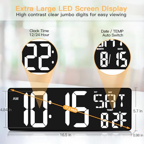 XREXS 17.2 Inch Large Digital Wall Clock with Remote Control | LED Large Display Count Up & Down Timer, Adjustable Brightness Alarm Clock with Temperature for Living Room, Home, Gym - color: White