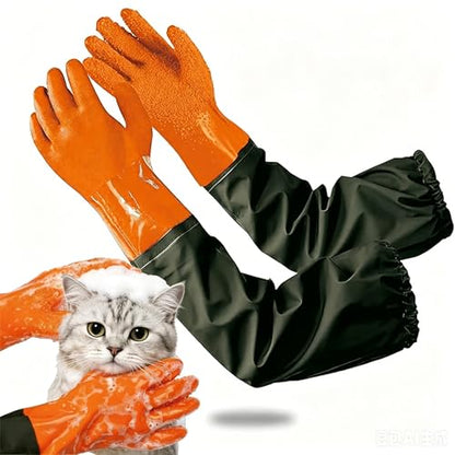 YOFANG Pet Grooming Washing Gloves,27.2" Extra Long Waterproof Rubber Bathing Gloves for Dogs & Cats,Anti-Bite & Anti-Scratch Hair Removal Cat Bath Gloves with 3000+ Massage Particles,Orange/Green - color: Orange and Green