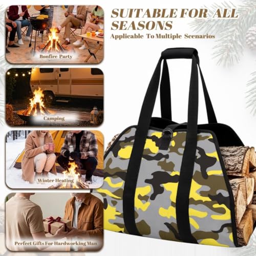 Street Camo Print Firewood Tote Log Carrying Bag | Wide Opening, Large Capacity, Water Resistant Material, Winter Gear for Fire Pits and Camping Journeys - color: Gray Yellow Modern Street Camo Print