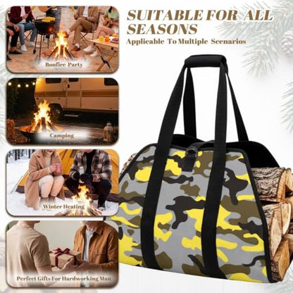 Street Camo Print Firewood Tote Log Carrying Bag | Wide Opening, Large Capacity, Water Resistant Material, Winter Gear for Fire Pits and Camping Journeys - color: Gray Yellow Modern Street Camo Print