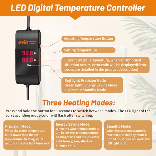 azw 100W Aquarium Heater 25-45Gal Triple Auto Shutoff Safety & Memory Function | Dual Explosion-Proof Heating, Triple Safety Cutoff, LED Precise Control, Memory Function, Multi-purpose Aquarium Heater - size: XS