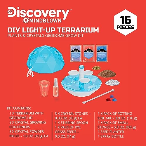 Discovery™ DIY Light-Up LED Terrarium - Plants & Crystals Geodome Grow Kit, 3 Colorful Crystal Formations, Rye Grass, Education STEM Activity Set, Indoor Science Experiment, Chemistry Gift