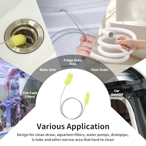 Flexible Drain Brush, 66" Extra Long Pipe Cleaners with 2 Pcs Straw Brush | Drain Cleaning Brush, Double Ended Elastic Hose Pipe Cleaner for Refrigerator Defrost, Aquarium Filter, Sink Drain, Fish Tank