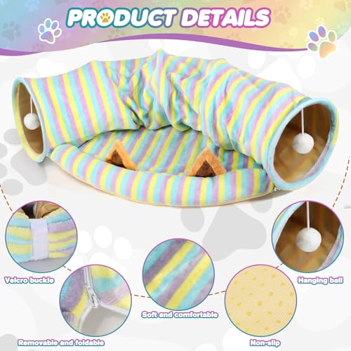 Spardar 2-in-1 Bunny Tunnel Bed, with Removable Mat Hideout,Stripe | Collapsible Tunnel Tubes Toys, Washable, Interactive Toys for Rabbits, Chinchilla, Hedgehog, Guinea, Kitty - color: Stripe
