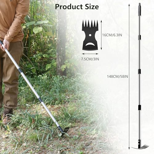 Weed Remover Tool with Long Handle(58IN), 2-in-1 Hand Weed Puller with Rake & Garden Hoe Combo for Gardening, Manual Weeding Tools for Gardens, Yards, Patios, Lawns, and Paved Areas