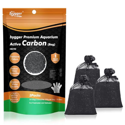 hygger Aquarium Activated Carbon, Premium Natural Coconut Shell Activated Charcoal for Freshwater and Saltwater, Fish Tank Filter Media, Water Purification Carbon (10.5 oz with Fine Mesh Bag)