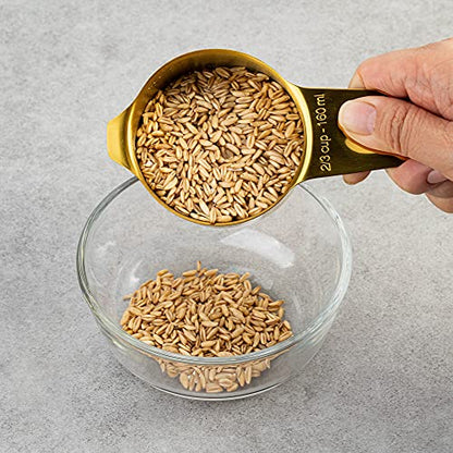7-Piece 18/8 Stainless Steel Measuring Cups Set, Gold | Includes 1/16, 1/4, 1/3, 1/2, 2/3, 3/4 and 1 Cup, Engraved US and Metric Markings, Pour Spouts and Ring Connector - color: Gold, size: 7 Piece