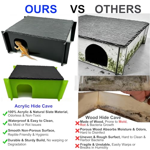 Reptile Basking Platform Hideout, Acrylic Snake Hide Cave with Natural Slate Rock, Terrarium Decor for Bearded Dragon Tank Accessories, Ball Python, Leopard Gecko, Tortoise & Chameleon (Medium Black) - color: Medium Black