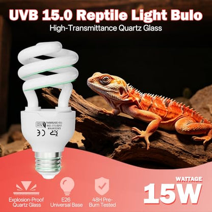 UVB Light for Reptiles 15.0: 15W Intense Desert UVA UVB Bulb for Reptiles - Reptile UVB Light Terrarium Compact Fluorescent Lamp- UVB Light for Reptile and Amphibian with A Free UV Sensor Card - size: 5.5INCH-15.0