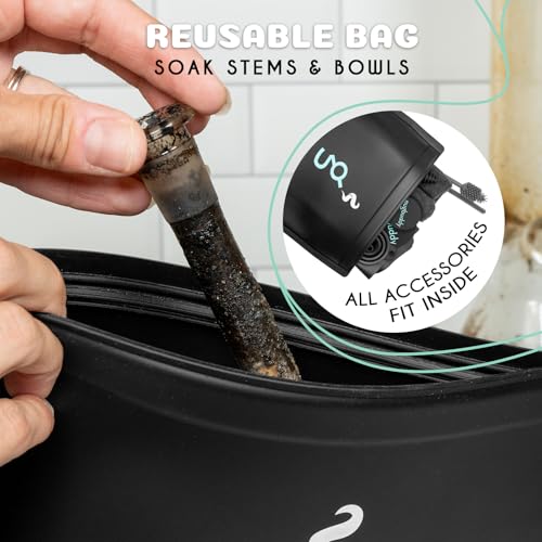 nugbuddy Glass Cleaning Kit - Reusable Silicone Accessories - Complete Kit to Clean your Piece, Just Add Cleaner - Reusable Soaker Bag, Brushes, Mat, Caps & Plugs, Funnel, & Microfiber Towel - color: Black