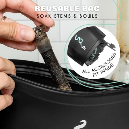 nugbuddy Glass Cleaning Kit - Reusable Silicone Accessories - Complete Kit to Clean your Piece, Just Add Cleaner - Reusable Soaker Bag, Brushes, Mat, Caps & Plugs, Funnel, & Microfiber Towel - color: Black