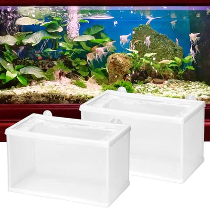 QWORK Fish Tank Breeder Net Mesh with Plastic Frame, 10.3 x 5.9 x 5.9 Inches, Soft Polyester Net, Suction Cups for Installation, 2 Pcs