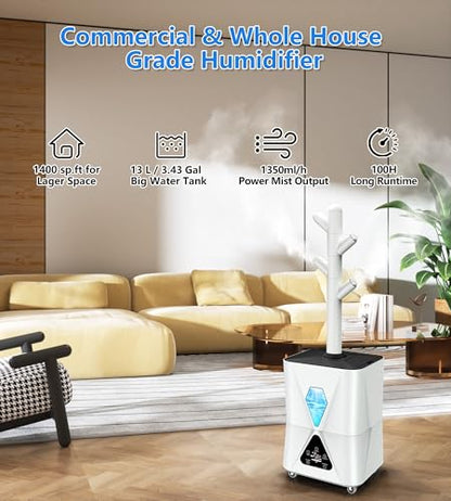 Humidifier Large Room,13L/3.43Gal 1400 sq.ft, Cool Mist Humidifiers for Bedroom with 1350mL/H Spray Output for Home, Office, Plants, Warehouse, House