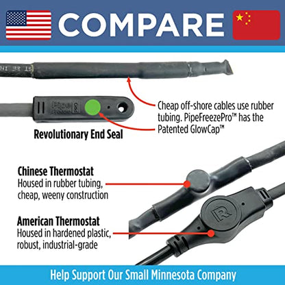 Intelligent Heat Tape for Water Pipe Freeze Protection - with GlowCap™, Built-in Thermostat, Tape Included, 10-yr Warranty, Heavy-Duty, Self-Regulating, 120V (18 Ft) - style: 18 Feet