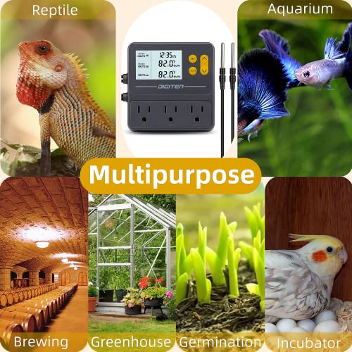 DIGITEN Day-Night Reptile Temperature Controller with Timer | 3-Stage Thermostat Outlet, Cooling & Heating Mode for Terrarium, Ball Python, Bearded Dragon, Heat Mat,Mushroom, Fermentation