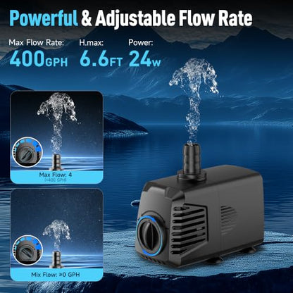 400GPH Submersible Water Pump, Water Fountain (1500L/H, 24W) with 6.6FT High Lift Adjustable & 2 Nozzles & 9.8FT Cord, Ultra Quiet Aquarium Pump for Pond Fountain Waterfall Hydroponics-Q103 - size: 400GPH