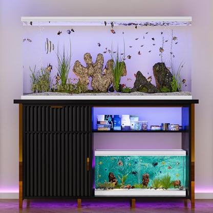 55-75 Gallon Fish Tank Stand, Aquarium Stand with LED Light, Black & Gold | 49 x 20 In Top, Modern Fluted Design, 2 Outlets, 2 USB Ports, Shelf Storage, Metal Frame Support, 1100 LBS, Turtle Tank Stand - color: Black and Gold