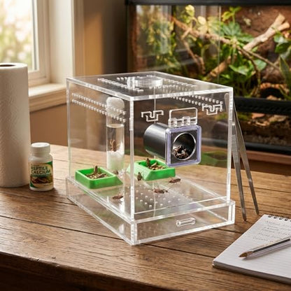 GLOGLOW Cricket Care Kit, with Feces Layer Acrylic Feeding Cricket Keeper with a Food Feeding Tub Care Kit Reptile Tank Box for Observation of Breeding
