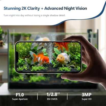 Aquarium Camera for Fish Tank, 2K 3MP Underwater Pet Camera with Close Focus Lens，AI Motion Detection, Dual Band WiFi, Magnetic Mount, Night Vision, App Remote Viewing