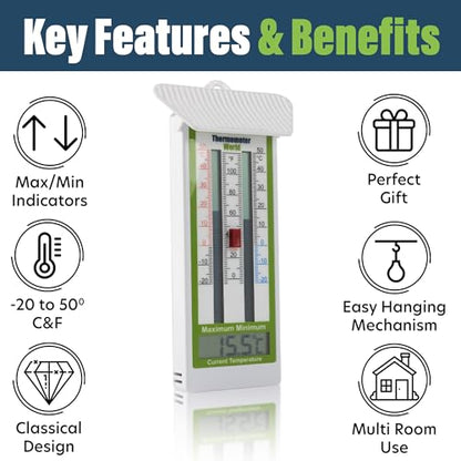 Digital Max Min Thermometer Classic Design - Wall Mounted Temperature Monitor for Garden, Greenhouse or Home