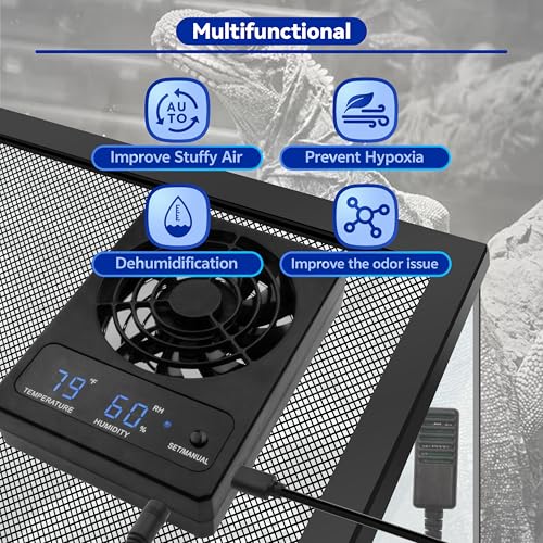 Reptile Terrarium Ventilation Fan with Auto Humidity | Auto humidity control, quiet <30dB, dual display, easy mount. Ideal for rainforest terrariums, reptiles, amphibians