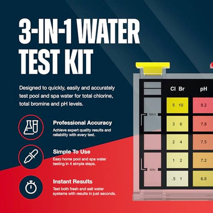 East Bay 3-in-1 Pool Test Kit | At-Home Pool & Spa Water Testing for Total Chlorine, Total Bromine & pH | Fast & Accurate Chemical Test for Swimming Pools