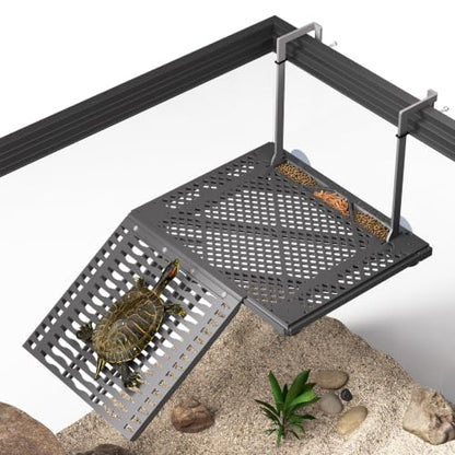 Upgraded Hanging Turtle Basking Platform with Built-In Feeding Tray, Stainless Steel Hooks, Non-Slip Ramp, No Zip Ties, Heavy-Duty Turtle Dock for 30 Gallon Aquariums