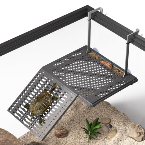 Upgraded Hanging Turtle Basking Platform with Built-In Feeding Tray, Stainless Steel Hooks, Non-Slip Ramp, No Zip Ties, Heavy-Duty Turtle Dock for 30 Gallon Aquariums