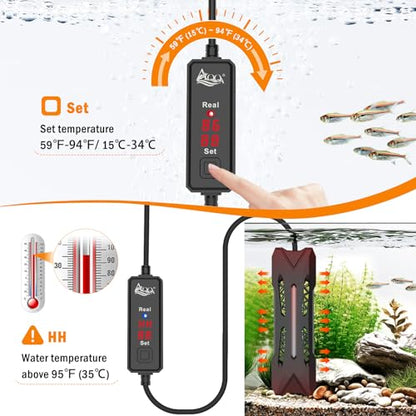AQQA Small Aquarium Heater,Submersible Fish Tank Heater Adjustable Temperature,Mini Short Dual-use Fish Heater with LED Digital Display Thermostat,Saltwater Freshwater 200W - size: 200W（for 20-40 gal)