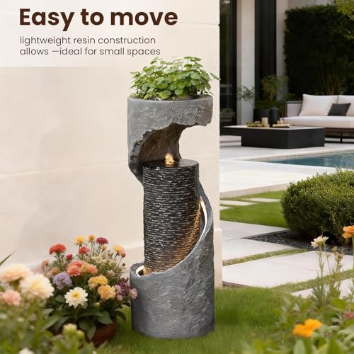 Tankana 35.5" H Water Fountain with Planter, Modern Spiral Waterfall for Outdoor and Indoor, Bubbling Garden Fountain with LED Light for Patio, Deck, and Living Room Corner