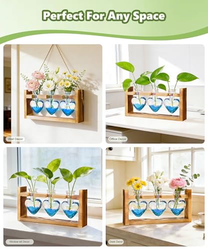 Plant Terrarium with Wooden Stand, 3 Heart Bulb Glass Vases | Wooden Stand Tabletop for Air Planter, Gifts for Mom Plant Lovers Mom Women Wife Grandma - color: Iridescent Clear