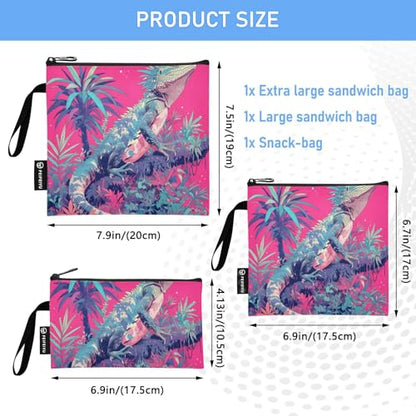 Reptile Peach Tropical Style 3 Pack Reusable Travel Snack Bags Multi-Use Food Storage Bags for Candy, Fruits, Cereal, Home Organization