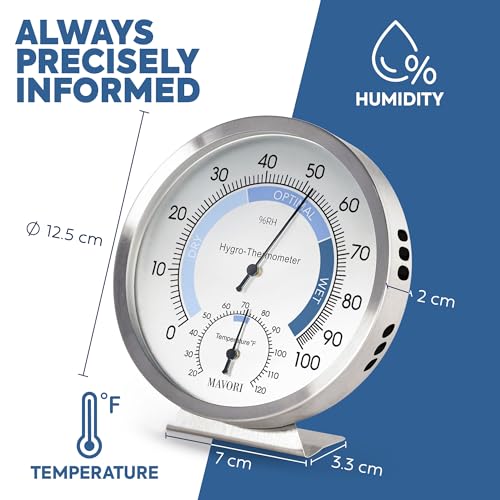 Analog Hygrometer – Thermometer Hygrometer for Indoor – Premium Stainless Steel Humidity Gauge Indicator – Temperature and Humidity Monitor – Battery Free Operation – Ø 12.5 cm