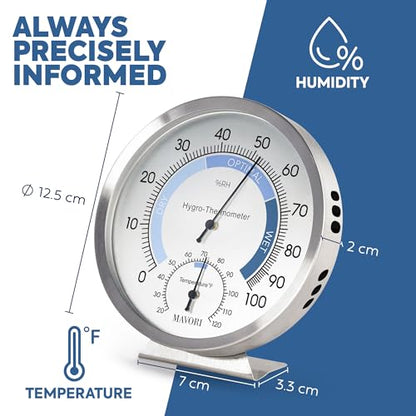 Analog Hygrometer – Thermometer Hygrometer for Indoor – Premium Stainless Steel Humidity Gauge Indicator – Temperature and Humidity Monitor – Battery Free Operation – Ø 12.5 cm