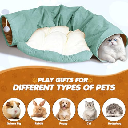 Spardar 2-in-1 Bunny Tunnel Bed, with Removable Mat Hideout, Matcha Green | Collapsible Tunnel Tubes Toys, Washable, Interactive Toys for Rabbits, Chinchilla, Hedgehog, Guinea, Kitty - color: Matcha Green