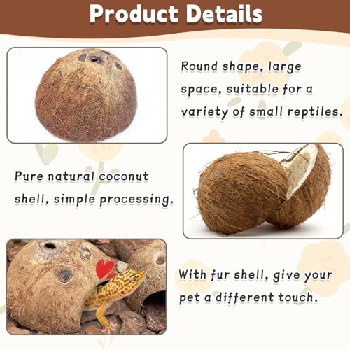 PINVNBY Natural Coconut Reptile Hideouts Lizard, Coco Hut Hermit Crab Hut Aquarium Fish Hide Cave for Small Reptile Crested Gecko Leopard Gecko Spider Snail Climber Toys (2 PCS Natural Surface) - size: 2 PCS Natural Surface