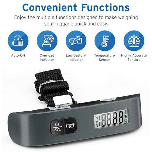 Etekcity Luggage Scale, Digital Suitcase Weight Scale for Travel, 110 lb | Travel Essentials, Air Travel, Suitcase, Hanging Hook, Rubber Grip, Battery Included, Easy-to-Read Display - color: Charcoal Gray