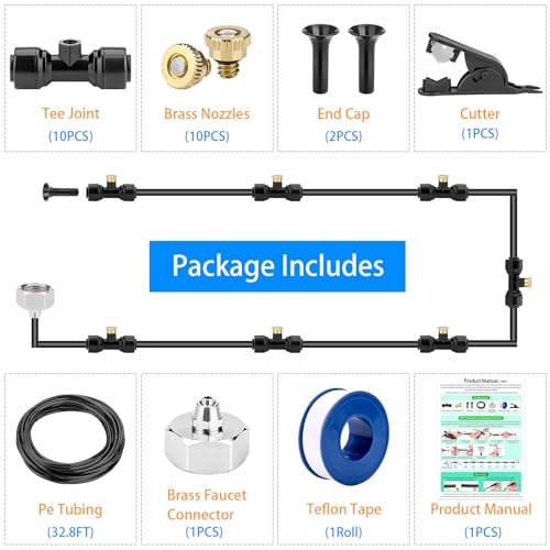 Misting System, 32.8FT Cooling Line Kit with 10 Brass Mist Nozzles, Outdoor | Outdoor Mister Kit With Hose Connector For Patio, Garden And Greenhouse Cooling. Fine Mist Spray System For Summer Use. - size: Misting Cooling System 32.8ft(10M)